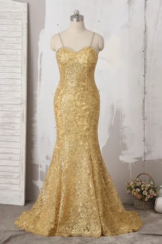 beaded strap gold floral sequin glitter mermaid prom gown
