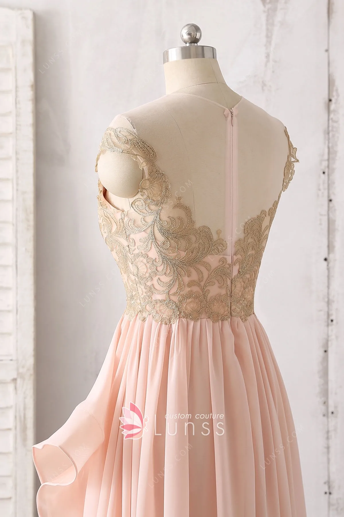 Illusion Neckline Chiffon Dress With Lace Candy Pink Plus Size main image 1