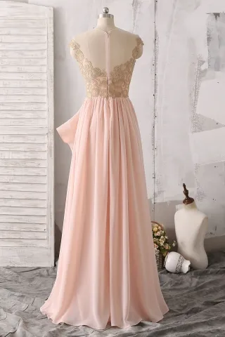 pearl pink lace and chiffon A line long bridesmaid dress