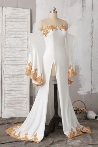 gold lace bell sleeve ivory unique gown