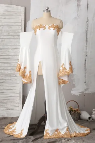 gold lace off shoulder bell sleeve ivory unique prom gown