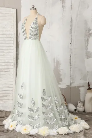 light green 3d flower bead prom gown
