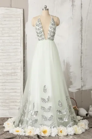 light green tulle 3d flower leaf bead celebrity prom gown