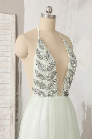 plunging neckline with leaf bead