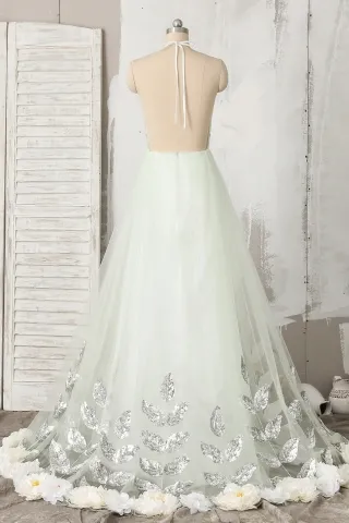 sexy backless light green tulle prom dress with 3d flowers