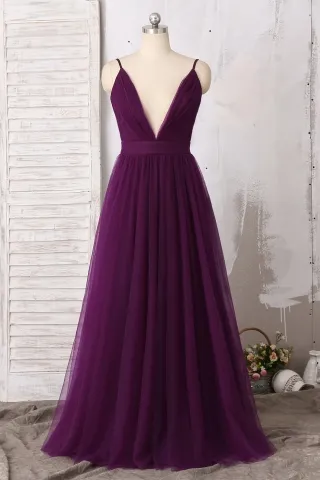 plunging v neck grape tulle simple a line long prom dress