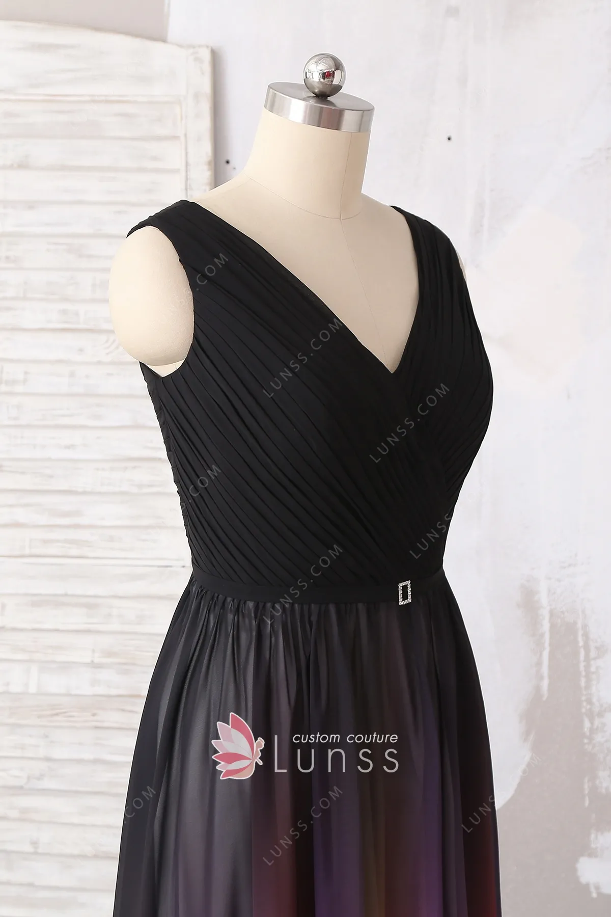 Ombre Purple Chiffon V-neck A-line Long Bridesmaid Dress - Lunss