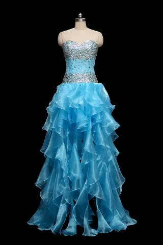 diamond beaded ruffled blue organza strapless prom dress