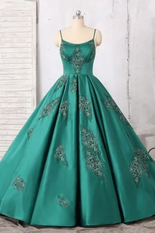 unique pattern lace appliqued green satin prom ball gown