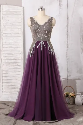 glitter beaded wheat v neck grape tulle a line prom dress