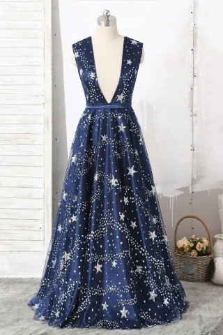 starry sky stars glitter overlay fancy navy prom gown