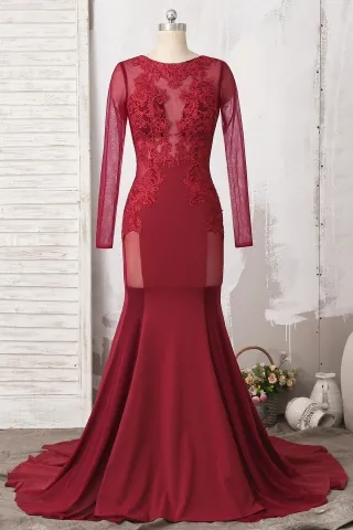 wine illusion long sleeve lace mermaid jersey prom dress
