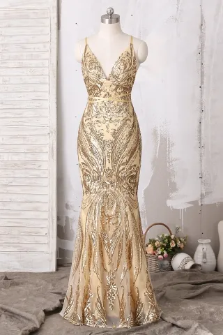 unique gold sequin spaghetti strap v neck long prom dress