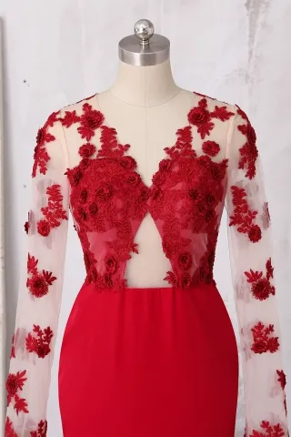 red cut out bodice 3d flowers long sleeve dress