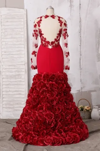 red flowers long sleeve open back 3d rosettes prom gown