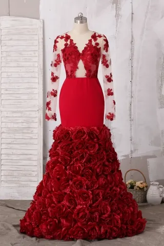ruby 3d rosette flowers long sleeve trumpet prom dress