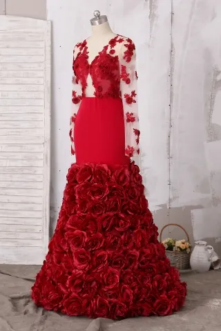 ruby rosette flowers trumpet prom dress