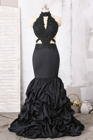 black beaded cut out lace pick up ruffled satin prom gown