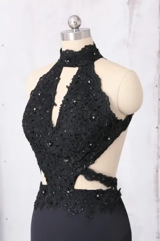 black beaded cut out lace prom dress