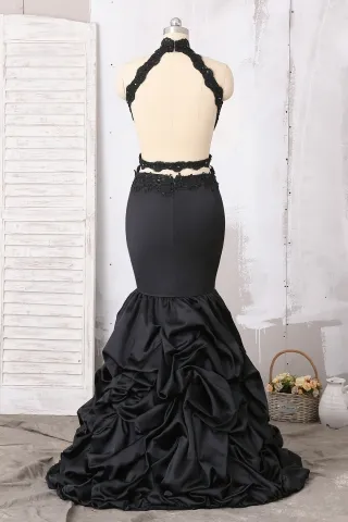 black open back lace and satin trumpet prom gown