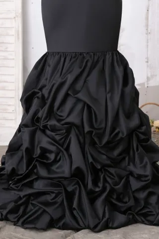 black pick up ruffled satin dress