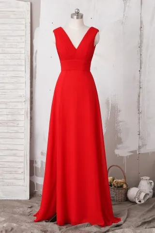 red chiffon v neck floor length slit a line prom dress
