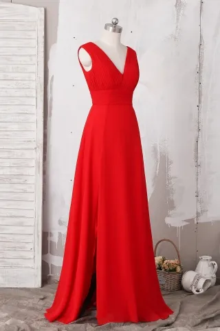 red chiffon v neck slit a line prom gown