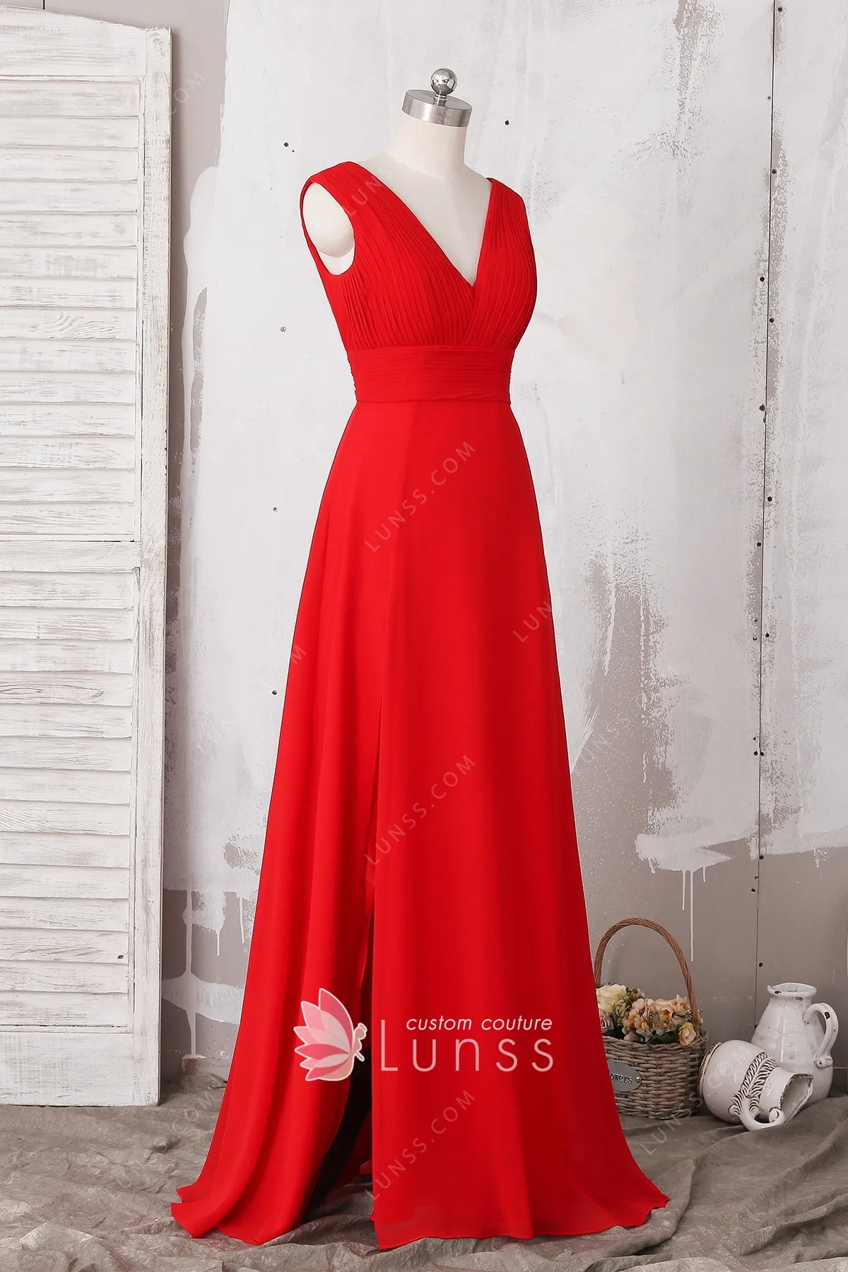 V-Neck Lace Top High Slit Pleated Chiffon Dress Red
