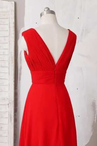 sleeveless V back red chiffon dress
