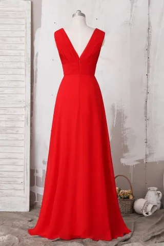 sleeveless V neck red chiffon A line long prom dress