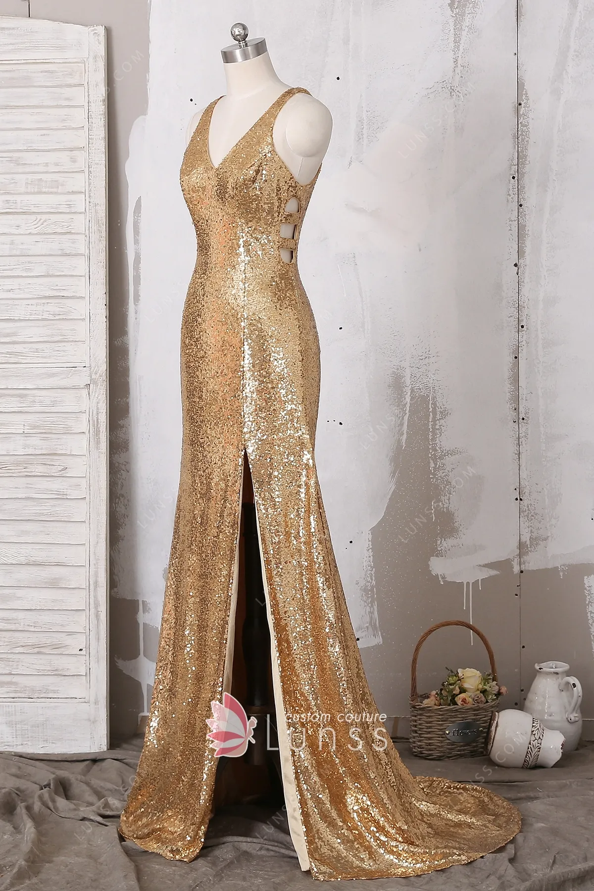gold sequin dress with split
