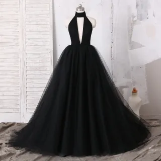 black halter plunge neck tulle ball gown