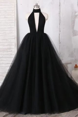 black halter plunge neckline tulle ball gown prom dress