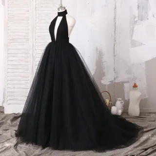 black tulle halter plunge neck prom ball gown