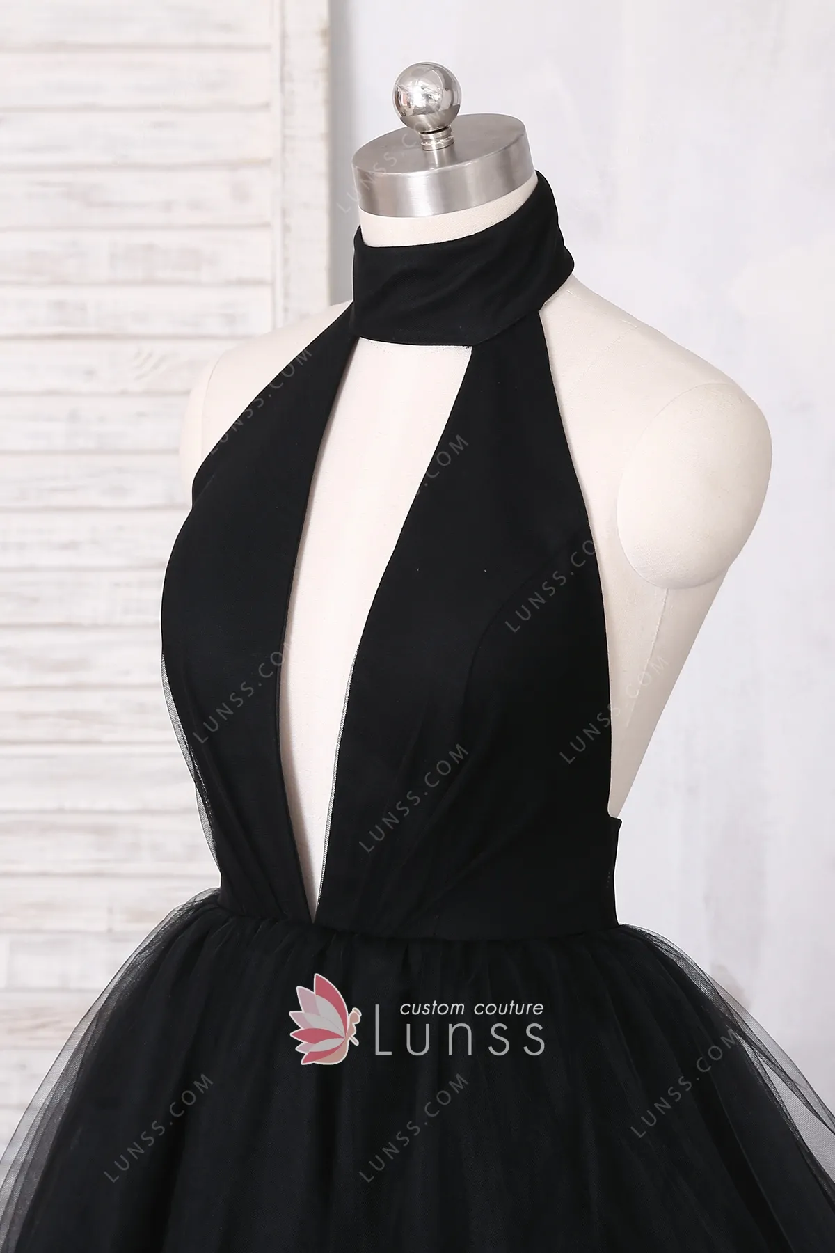 Black Halter Plunge Neckline Tulle Ball Gown Prom Dress Lunss