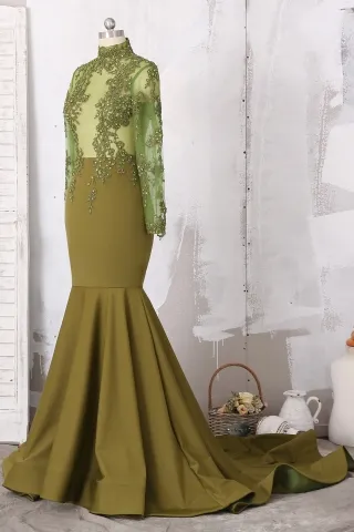 beaded illusion olive mermaid prom dress