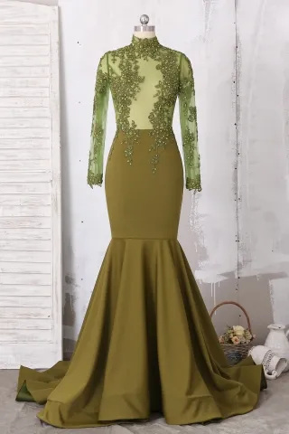 beaded illusion sheer olive green mermaid prom dress