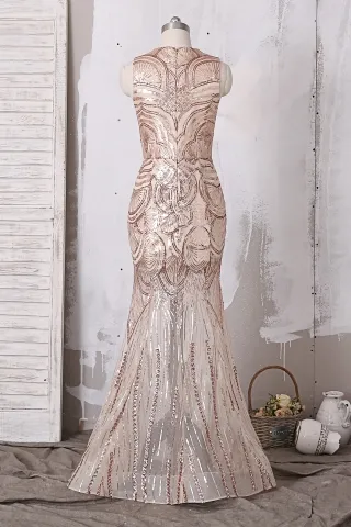 sheer rose gold sequin closed back prom dress