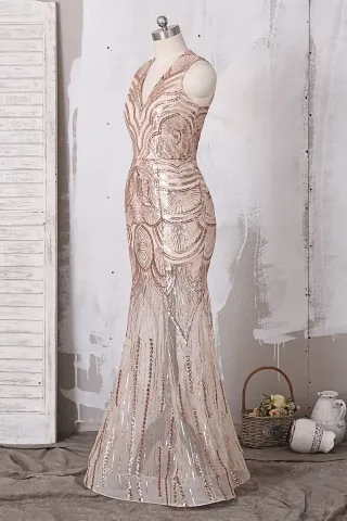 sheer skirt rose gold sequin prom dress