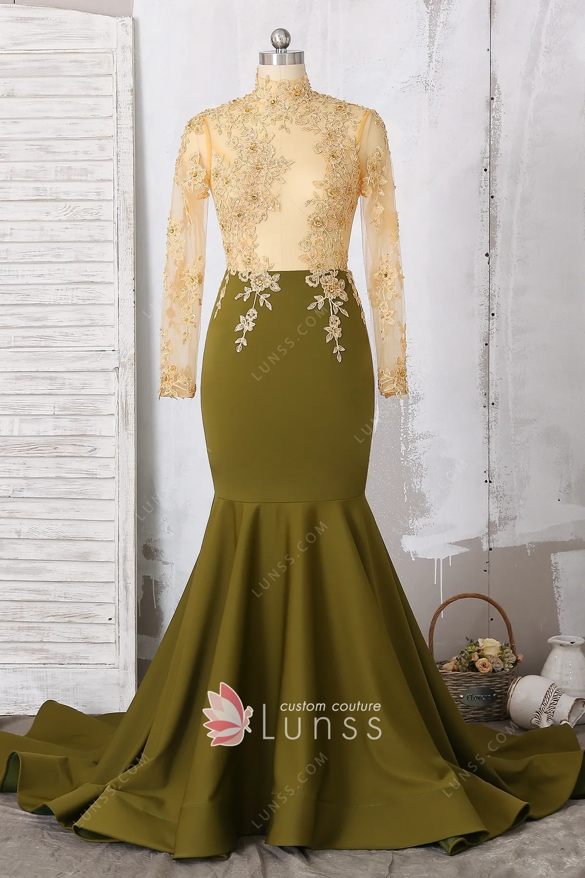Sheer Gold Lace Long Sleeve Olive 
