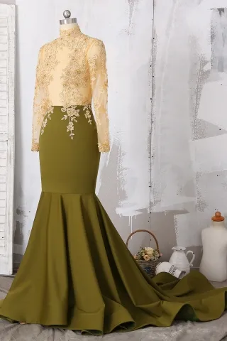 sheer gold lace olive mermaid prom dress