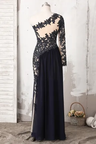 black beaded lace one sleeve chiffon long dress