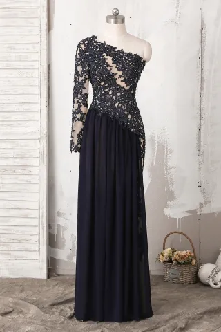 fancy one sleeve black beaded lace chiffon prom dress