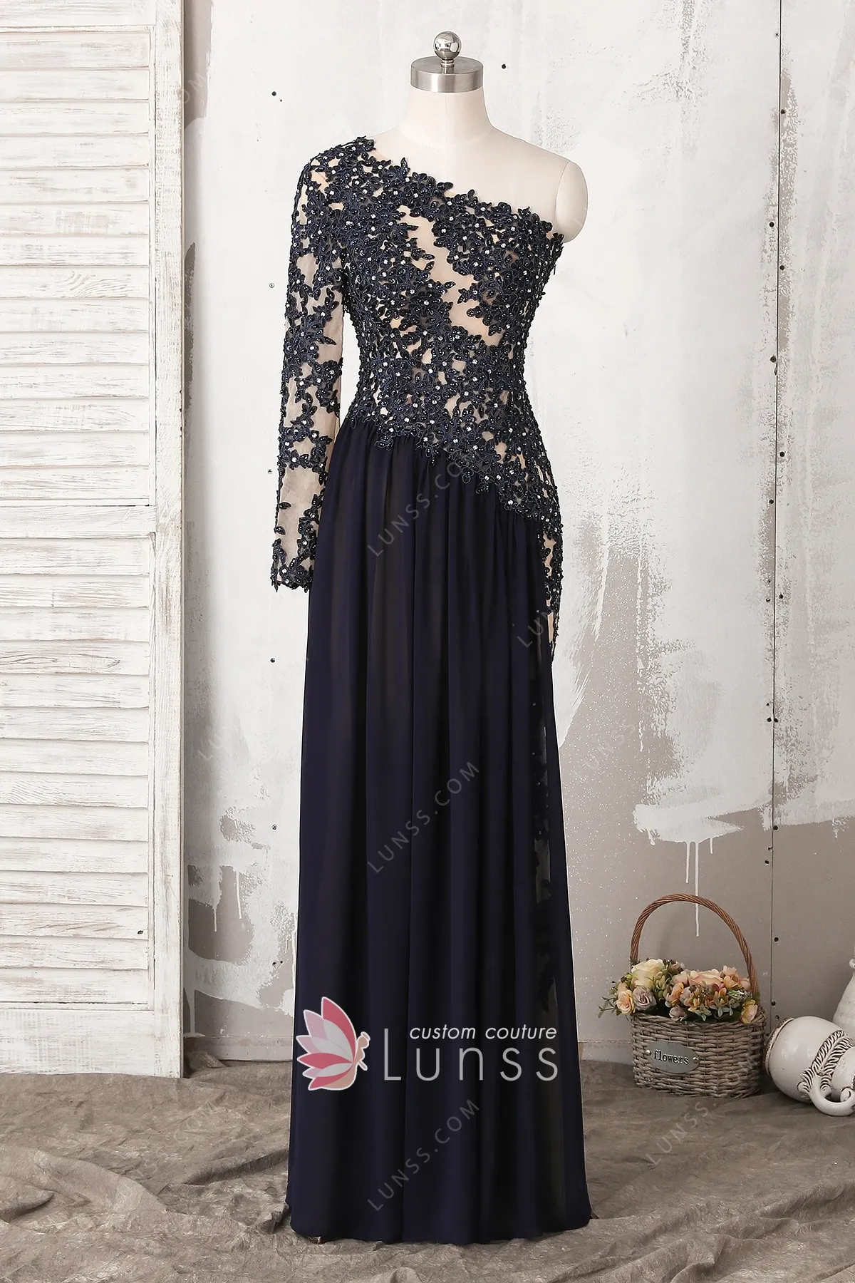 Fancy One Sleeve Black Beaded Lace Chiffon Prom Dress Lunss