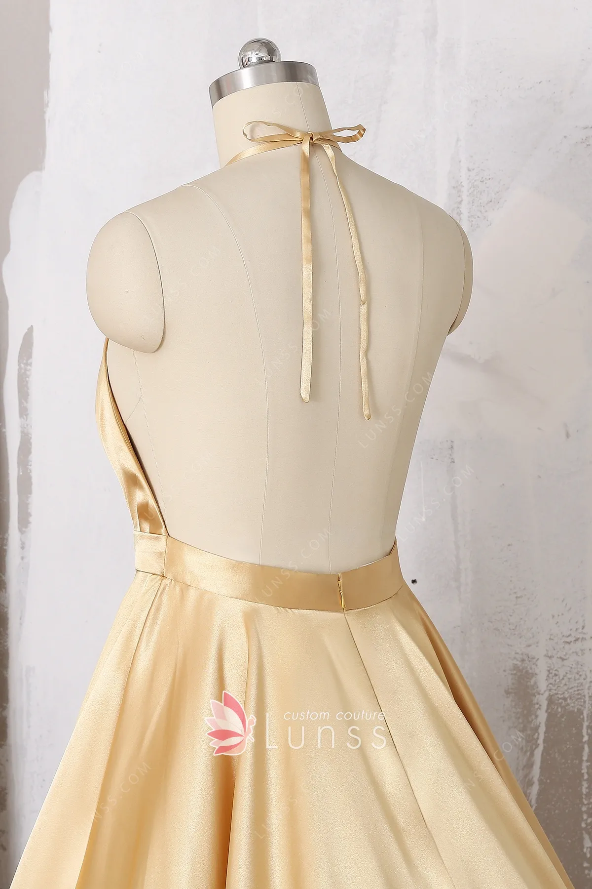 Gold Halter Pleated Satin Long Prom Dress with Beading VK24031304 main image 0