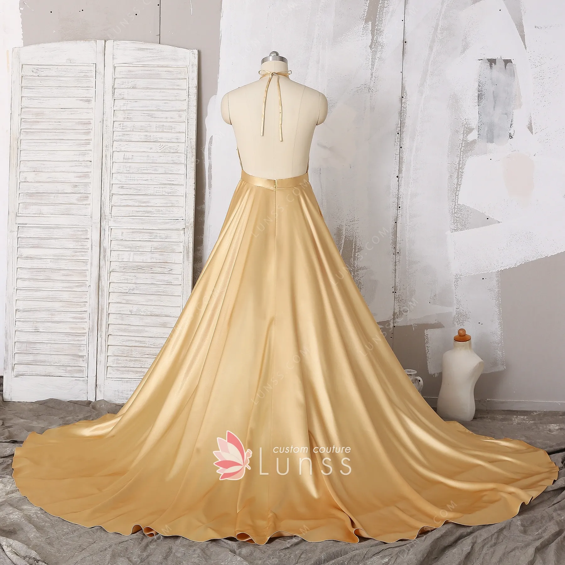 Fitted Stretch Satin Gathered Waistband Gold Evening Gown CH236G – Sparkly  Gowns