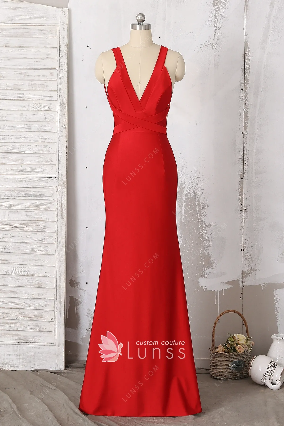 Lunss Fancy Wide Straps V-Neck Red Jersey Long Prom Dress