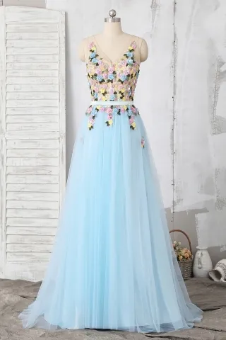 lovely 3d flowers adorned baby blue tulle long prom dress