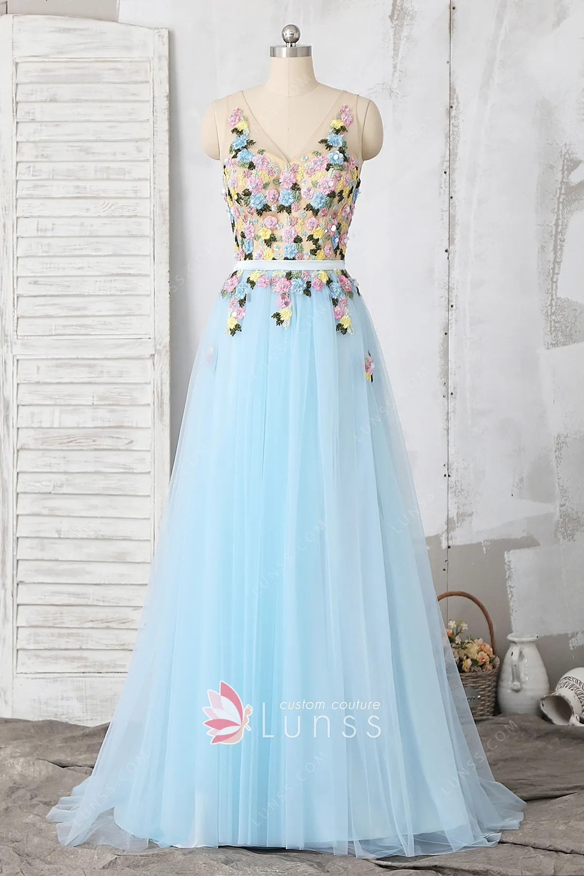 long blue dress with flowers