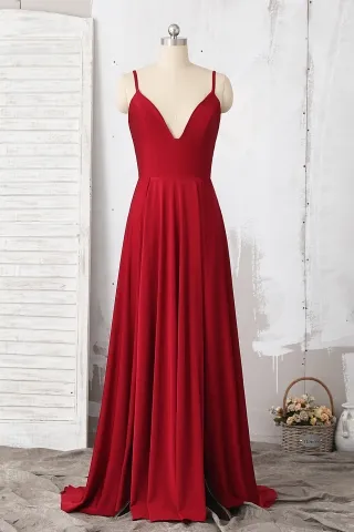 ruby red spandex strap v neck slit a line prom dress